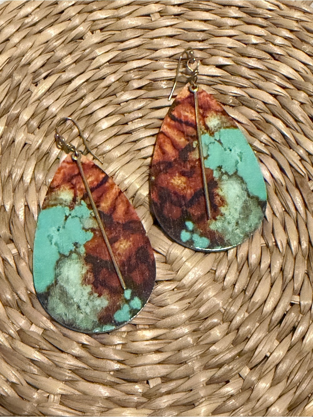 Handmade Wooden Teardrop Turquoise & Brown Earrings - Bohemian Western Statement